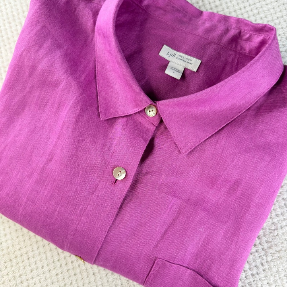 J. Jill Love Linen Essential Shirt Magenta Pink Button Down Long Sleeve Top L